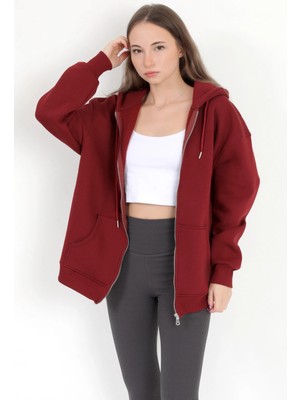 Giysa Kadın Bordo Fermuarlı Şardonlu Kapüşonlu Oversize Sweatshirt - 9015