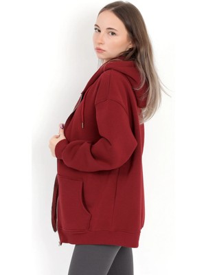 Giysa Kadın Bordo Fermuarlı Şardonlu Kapüşonlu Oversize Sweatshirt - 9015