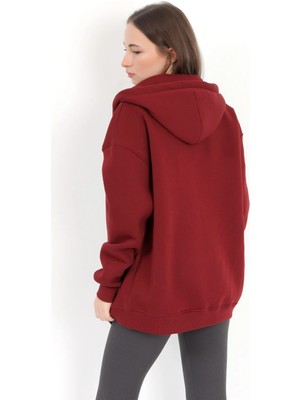 Giysa Kadın Bordo Fermuarlı Şardonlu Kapüşonlu Oversize Sweatshirt - 9015