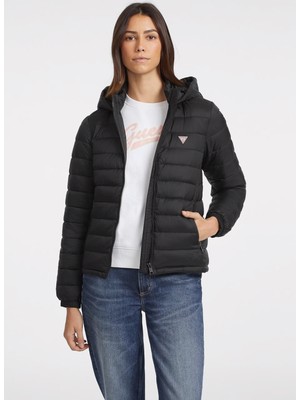 Guess Jeans Kapüşon Yaka Normal Kalıp Desenli Siyah Kadın Mont Gj Hooded Puffer - Recy Irıdescent