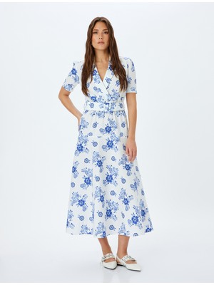 Koton Pamuklu Kemer Detaylı Kısa Kollu Kruvaze Yaka Uzun Çiçekli Elbise