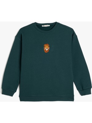 Koton Uzun Kollu Bisiklet Yaka Aslan Işlemeli Şardonlu Pamuklu Sweatshirt