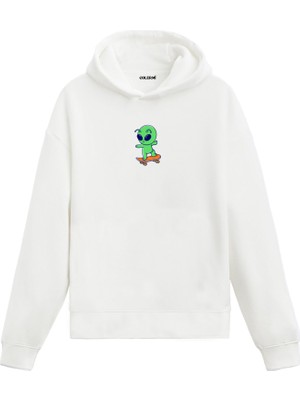 Colermi Kaykaycı Uzaylı Uzay Baskılı Sweat Uzay Temalı Kapşonlu Pamuklu Uzay Tasarım Hoodie Sweatshirt