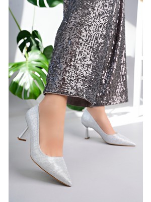 MARSHETTA Starlight Model Kadın Gümüş Parlak Abiye Sivri Burun Stiletto Topuklu Ayakkabı
