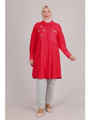 ottomanwear.com Büyük Beden Taş Işlemeli Tunik Mercan OTW23026