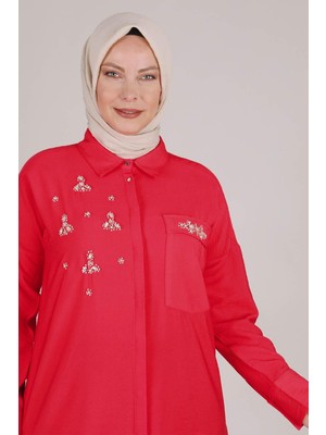 ottomanwear.com Büyük Beden Taş Işlemeli Tunik Mercan OTW23026