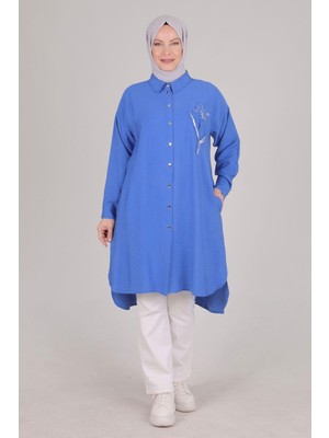 ottomanwear.com Büyük Beden Nakış Işlemeli Tunik Mavi OTW23025