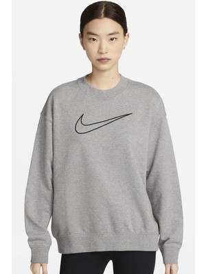 Nike Training Plus Essential Get Fit Dri Fit Graphic Crew Grey Oversized Bol Kesim Kadın Sweatshirt Gri