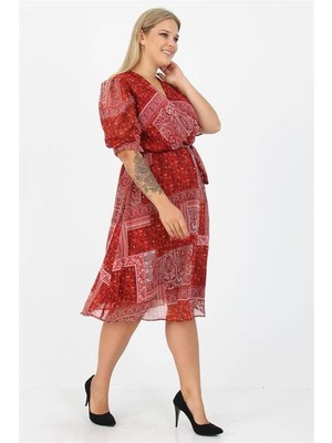 Dip Moda Dipmoda kadın kruvaze yaka midi boy büyük beden etnik Desenli şifon elbise DP80623