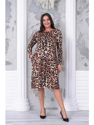 Dip Moda Kadın Cepli Leopar Desenli Büyük Beden Elbise DPNBA030