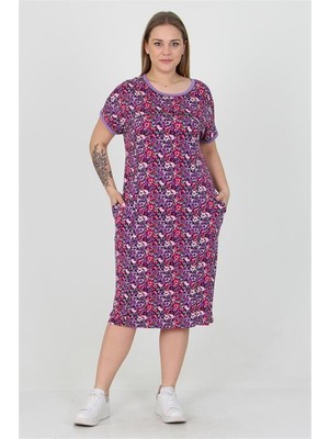 Dip Moda Dipmoda kadın bisiklet yaka çiçekli büyük beden elbise DPAYSL33