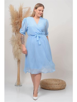 Dip Moda Dipmoda kadın bebe mavisi kruvaze yaka büyük beden şifon elbise DP8062