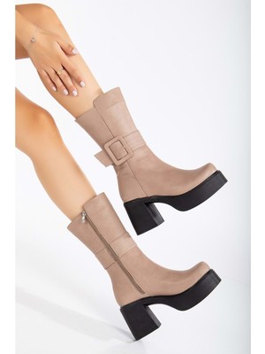 Analin Shoes Kadın  Deri Tokalı Platformlu Kalın Topuklu Çizme - Taş