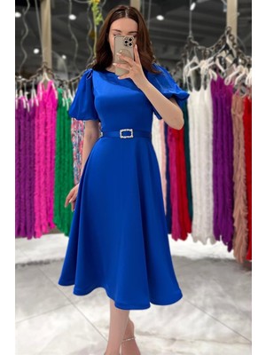 Viola Balon Kol Midi Boy Saten Abiye Saks Mavi