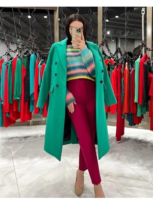 Zora Siyah Düğmeli Cepli Kaşe Kaban Yeşil