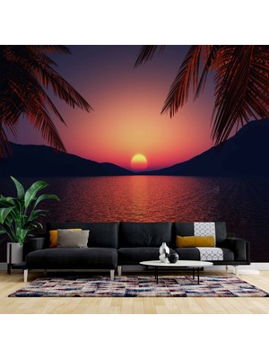 Duvar Kağıdı Baskı Günbatımı Deniz ve Palmiye Manzaralı
