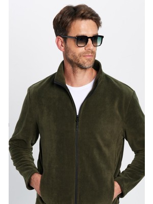Tudors Unisex Haki Anti-pilling Tüylenme Yapmayan Standart Fit Tam Fermuarlı Soğuk Geçirmez Polar Hırka