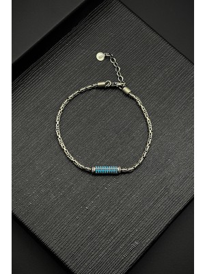 Frnch 925 Ayar Gümüş Kral Model Turkuaz Zirkon Taşlı Gümüş Renk Erkek Bileklik FRJ12252-3252-M