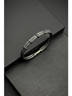 Frnch 925 Ayar Gümüş Italyan Model Zirkon Taşlı Füme Renk Erkek Bileklik FRJ12218-3218-F