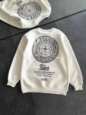 Reyaz Kışlık Bisiklet Yaka Ön ve Arka Baskılı Sweatshirt - Beyaz