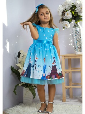 Esmaca Moda Kız Çocuk Açık Mavi Baskılı Elsa Elbise
