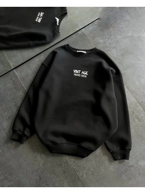 Reyaz Bisiklet Yaka Üç Iplik Baskılı Oversize Sweatshirt - Siyah