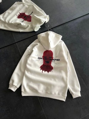 Reyaz Üç Iplik Kapşonlu Baskılı Oversize Sweatshirt- Beyaz