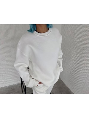 Reyaz Kışlık Bisiklet Yaka Üç Iplik Basic Sweatshirt - Beyaz