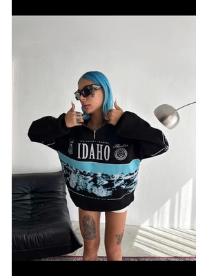 Reyaz Kadın Yarım Fermuarlı Oversize Baskılı Sweatshirt - Siyah