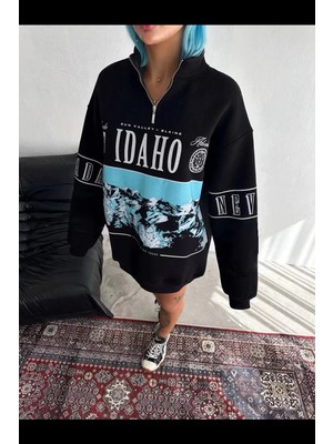 Reyaz Kadın Yarım Fermuarlı Oversize Baskılı Sweatshirt - Siyah