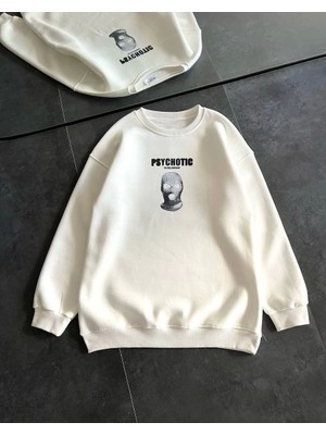 Reyaz Kışlık Bisiklet Yaka Baskılı Sweatshirt - Beyaz