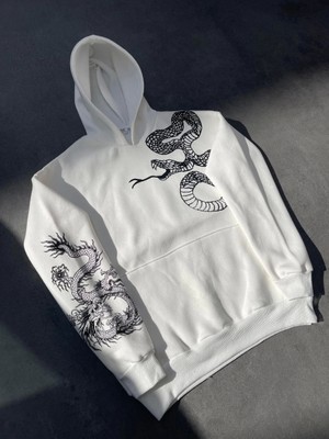 Reyaz Uzun Kol Kapşonlu Baskılı Sweatshirt - Beyaz