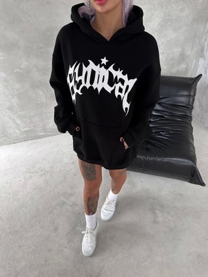 Reyaz Unisex Üç Iplik Kapşonlu Baskılı Sweatshirt - Siyah