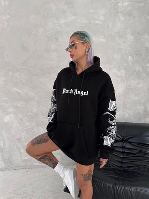 Reyaz Üç Iplik Uzun Kol Kapşonlu Baskılı Sweatshirt - Siyah