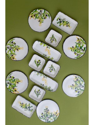 Flora 14 Parça 6 Kişilik Seramik Kahvaltı Takımı Zeytin Desenli Yuvarlak Kahvaltı Seti