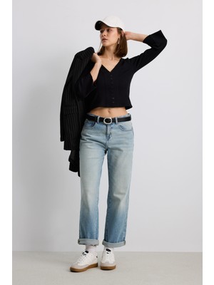 Babokah V Yaka Uzun Kollu Fitilli Düğmeli Üst