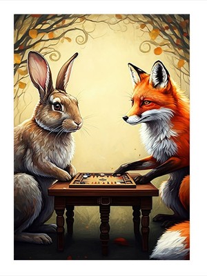 Tablomega Satranç Oynayan Tavşan Ve Tilki Mdf Poster 18cm X 27cm