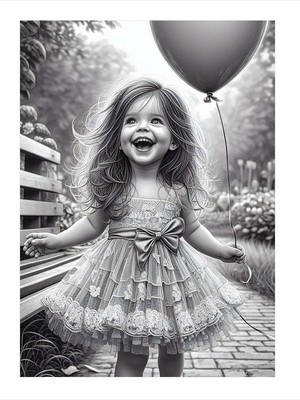 Tablomega Balon Tutan Küçük Kız Siyah Beyaz Desenli Mdf Tablo 18cm X 27cm