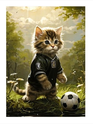 Tablomega Futbol Oynayan Kedi Desenli Ahşap Tablo 25cmx 35cm