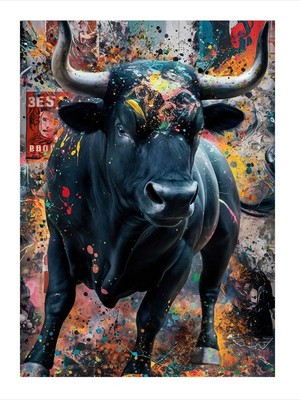 Tablomega Siyah Kızgın Boğa Ve Renkler Dekoratif Ahşap Tablo 25cmx 35cm