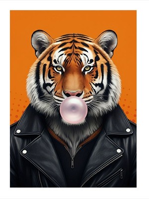 Tablomega Sakız Üfleyen Kaplan Desenli Ahşap Tablo 18cm X 27cm