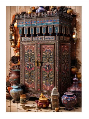 Tablomega Çini Desenli Dolap Ve Vazo  Desenli Ahşap Tablo 18cm X 27cm
