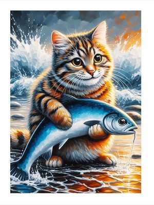 Tablomega Balıkçı Kedi Ahşap Tablo 35cm X50cm