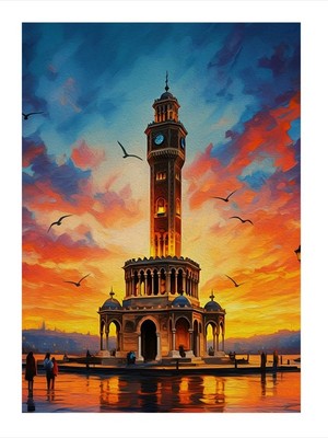 Tablomega Izmir Saat Kulesi Gün Batımı Desenli Ahşap Tablo 18cm X 27cm