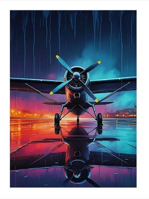 Tablomega Gece Gökyüzünde Uçak Ahşap Tablo 35cm X50cm