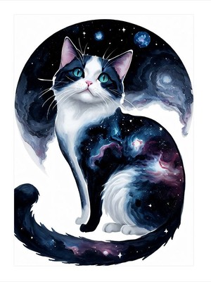 Tablomega Galaksili Kedi Desenli Ahşap Tablo 18cm X 27cm