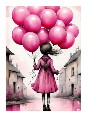Tablomega Pembe Balonlar Taşıyan Kız Desenli Mdf Tablo 35cm X50cm