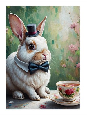 Tablomega Kravatlı Tavşan Ve Çay Desenli Ahşap Tablo 18cm X 27cm