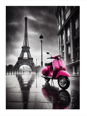 Tablomega Eyfel Kulesi Ve Pembe Motosiklet Art Mdf Tablo 18cm X 27cm