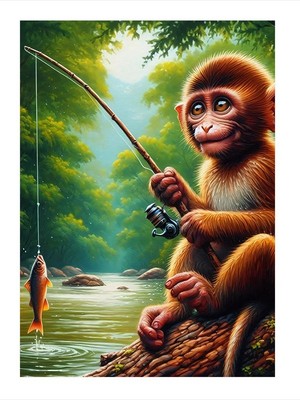 Tablomega Balık Tutan Maymun Model Ahşap Tablo 35cm X50cm